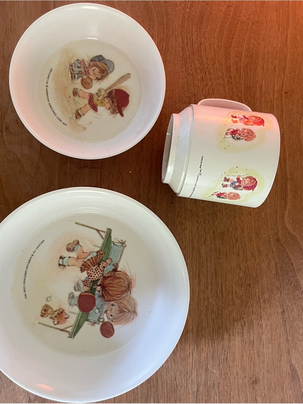 Vintage Children's White melamine Bowl and Mug Set with Illustrated Kids Design